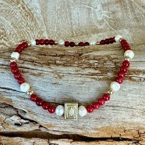 Mahjong bracelet-  3 mm bamboo coral beads with non tarnish brass mahjong tile